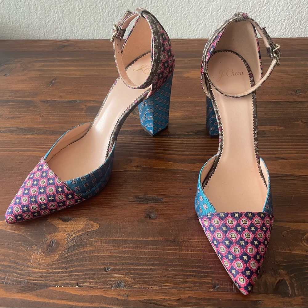 Pointed Toe Block Heel JCrew Jacquard Silk Heels - NEW with Box